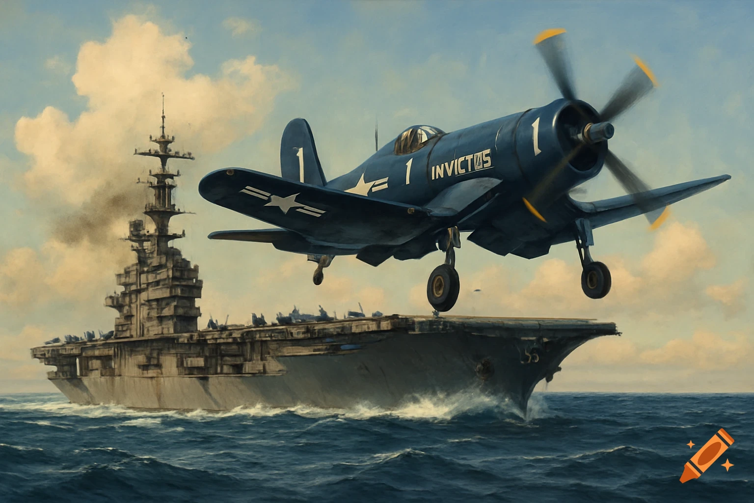 A US Navy aircraft carrier at sea with a Corsair plane taking off, illustration style.