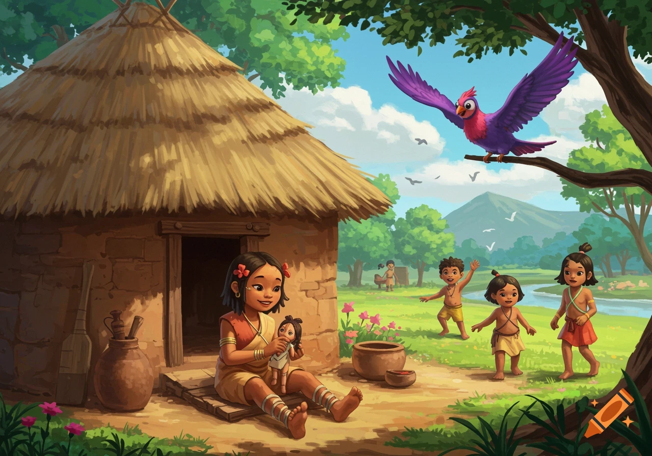 Illustration of a girl with a doll outside a hut, with children playing and a bird in a tree.