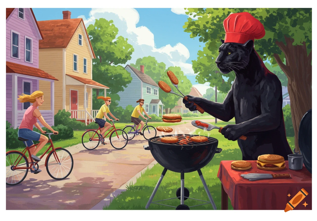 An illustrated black panther in a red chef hat grills burgers on a suburban street as people ride bikes past houses.