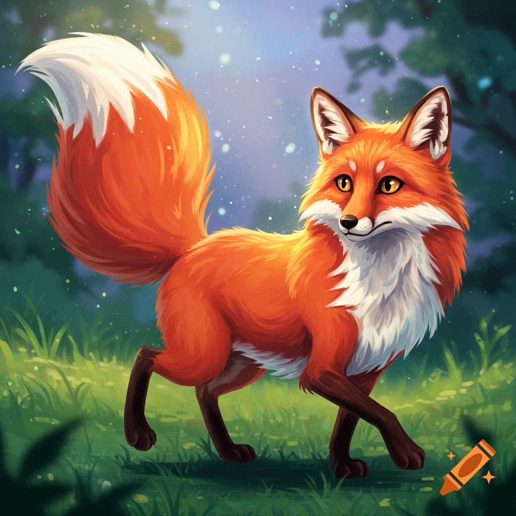 An orange fox with a white chest and tail tip stands in a grassy forest clearing with sparkly bokeh.