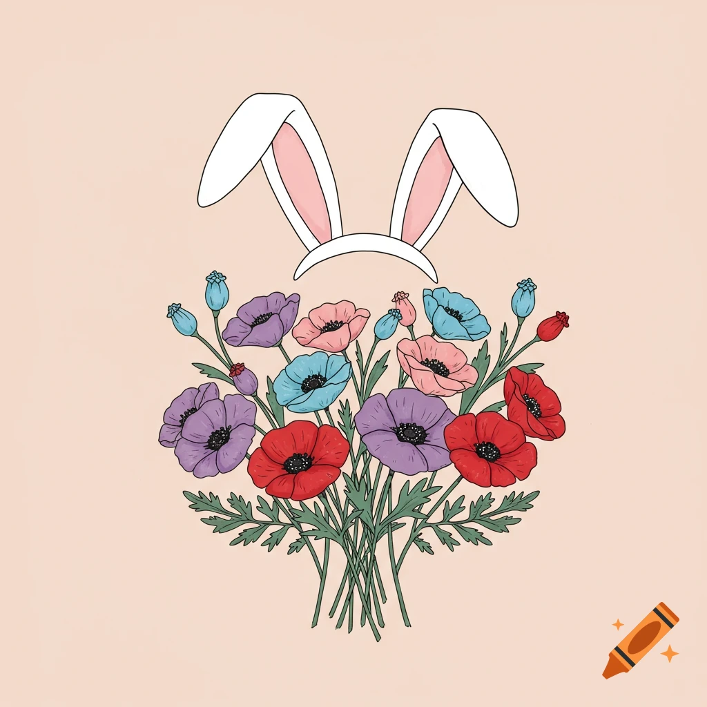An illustration of a colorful bouquet of poppy flowers with white bunny ears on top, on a light background.