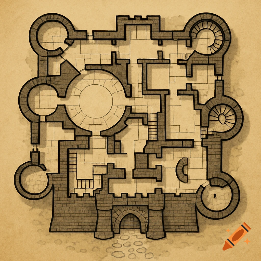 Top-down fantasy castle floor plan map in hand-drawn style on Craiyon