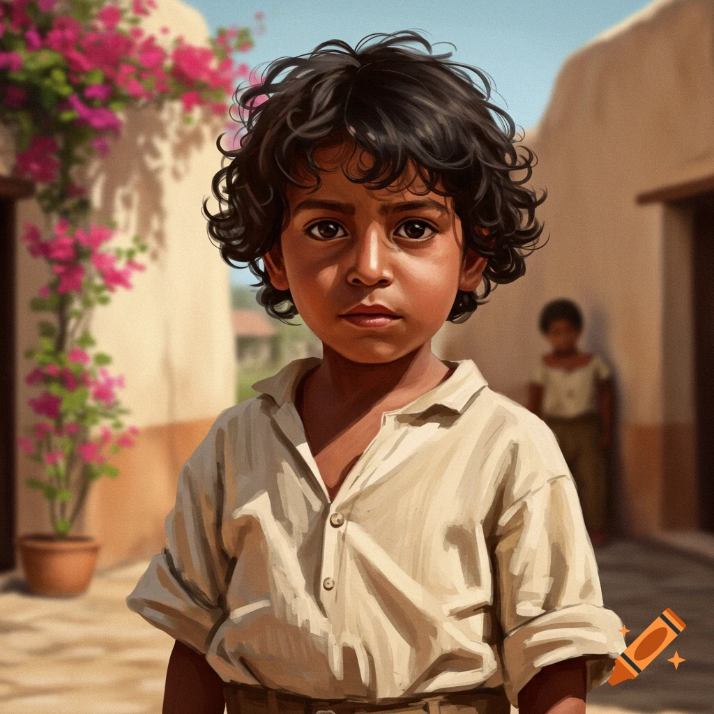 Portrait of a young boy with curly hair standing in a sunny village street with pink flowers. Illustrated style.