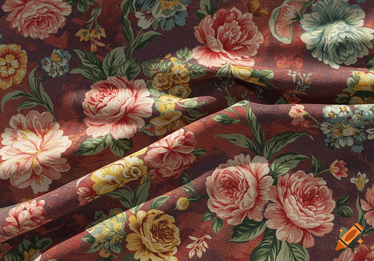 Close-up of vintage floral fabric pattern with red, pink, and yellow flowers on a dark background.