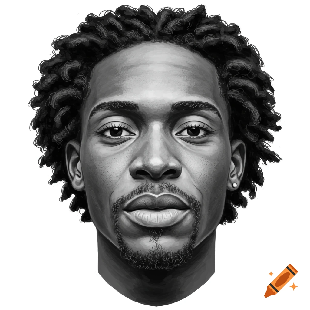 Black and white sketch portrait of a man's head with curly hair.