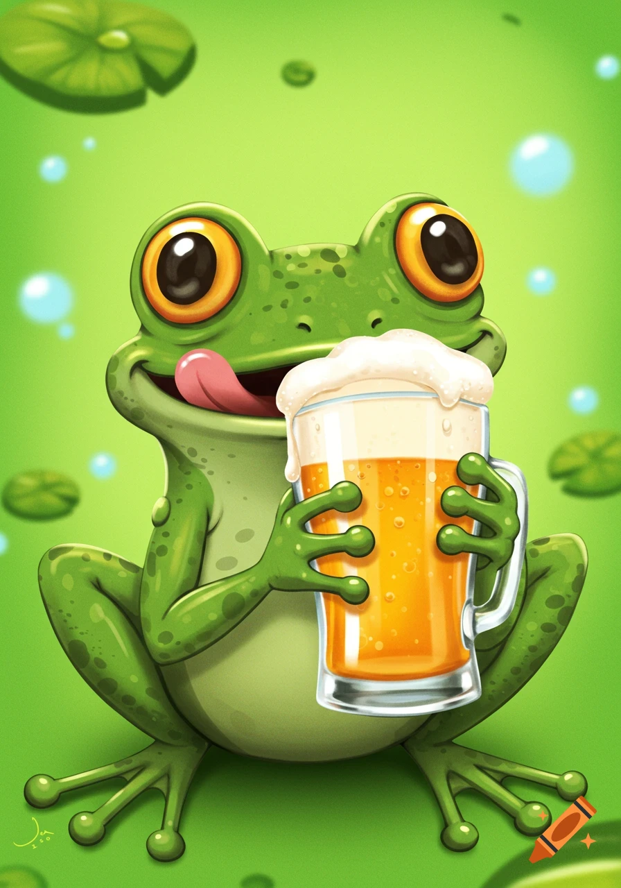 Cartoon frog holding a mug of beer.