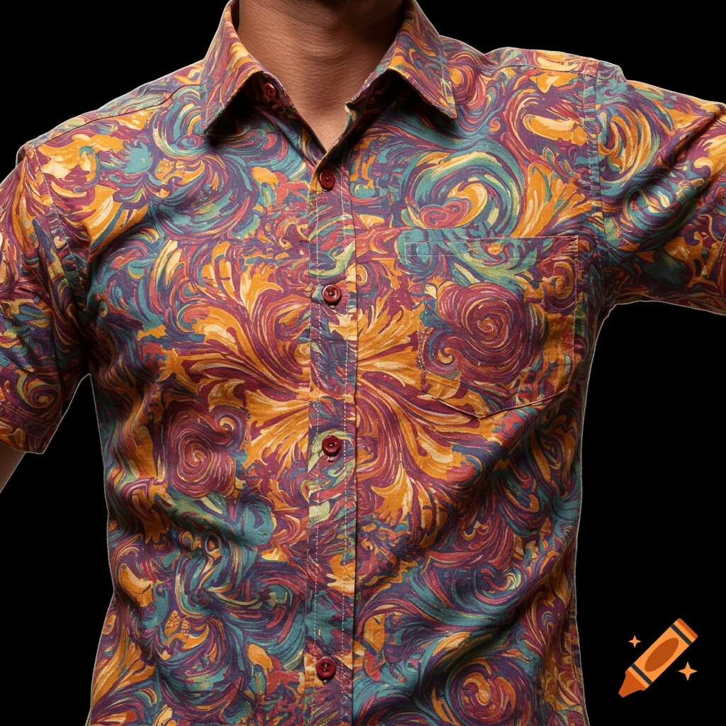 Person wearing a colorful swirling abstract patterned short-sleeved shirt.