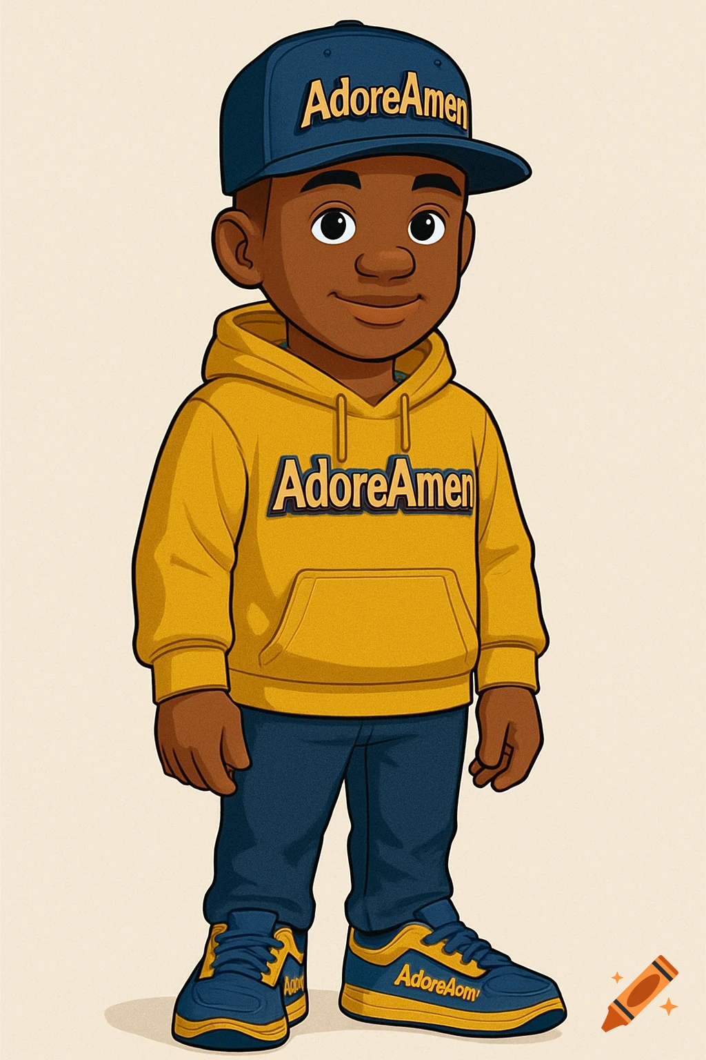 Cartoon illustration of a boy wearing a blue cap, yellow hoodie, and blue/yellow shoes with a logo.