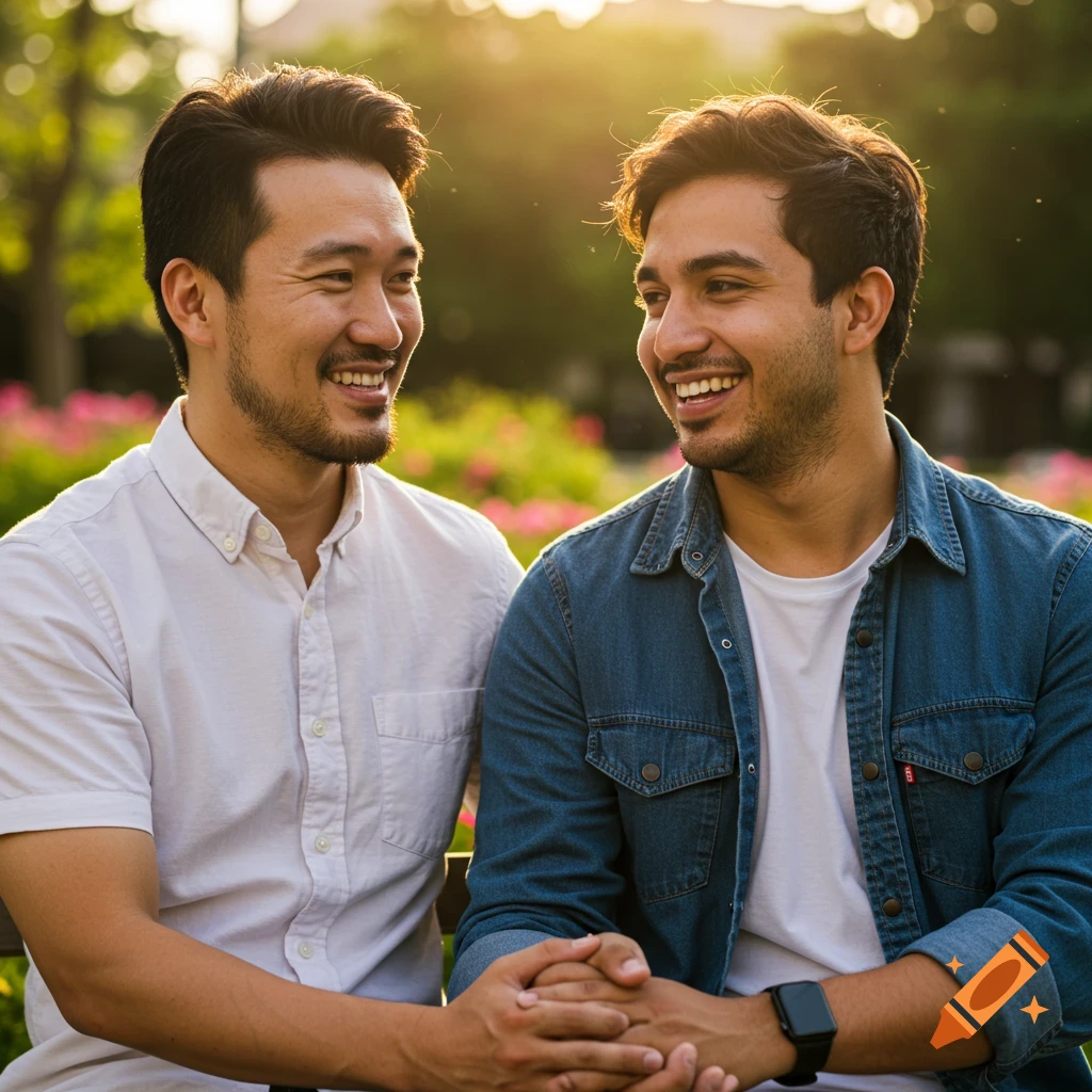 Two men, a couple, smiling and holding hands on a park bench at sunset.