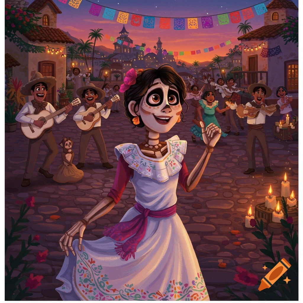 Coco characters celebrating Day of the Dead with music and dancing in a town square.