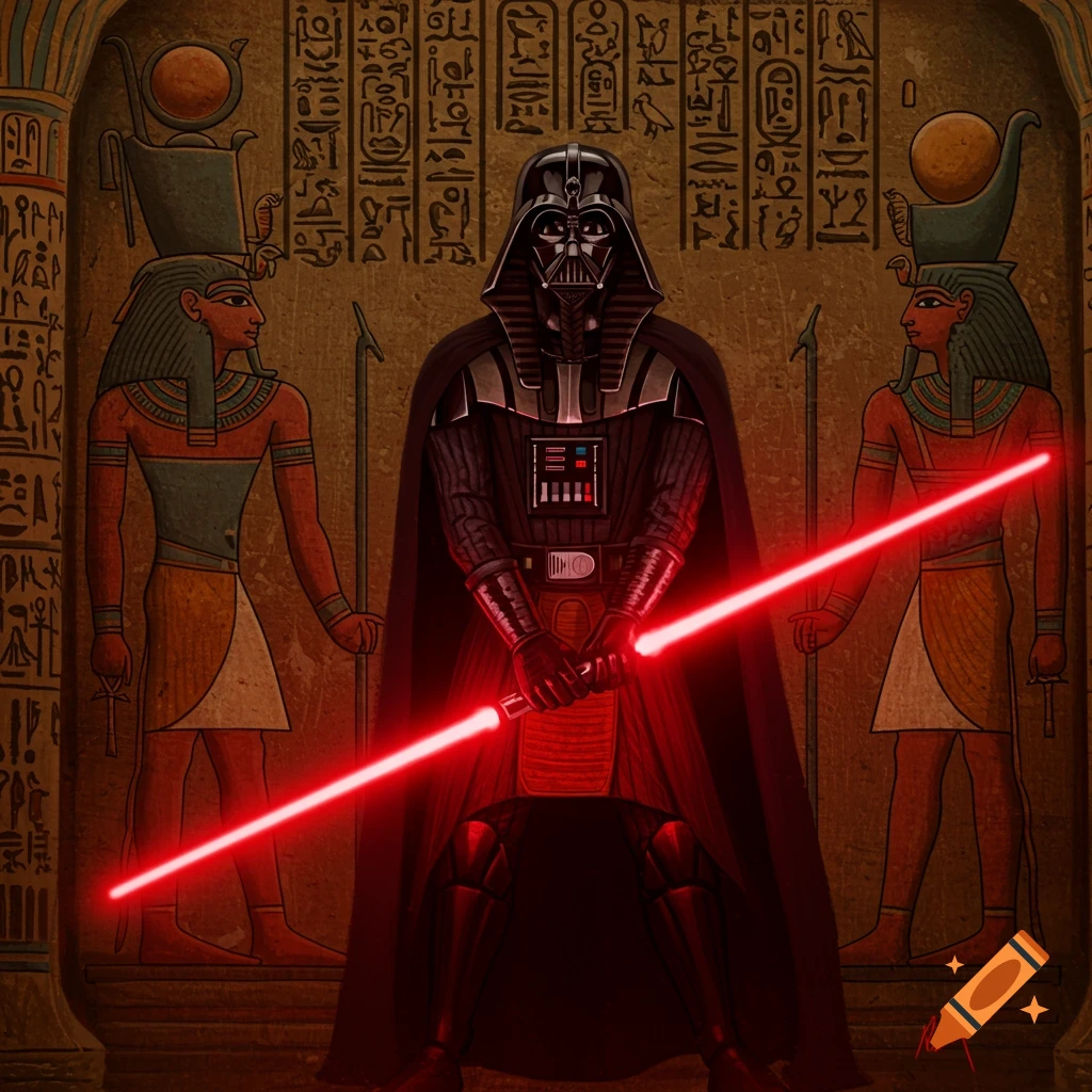 Darth Vader stands between two ancient Egyptian figures, holding a red double-bladed lightsaber against a hieroglyph background.