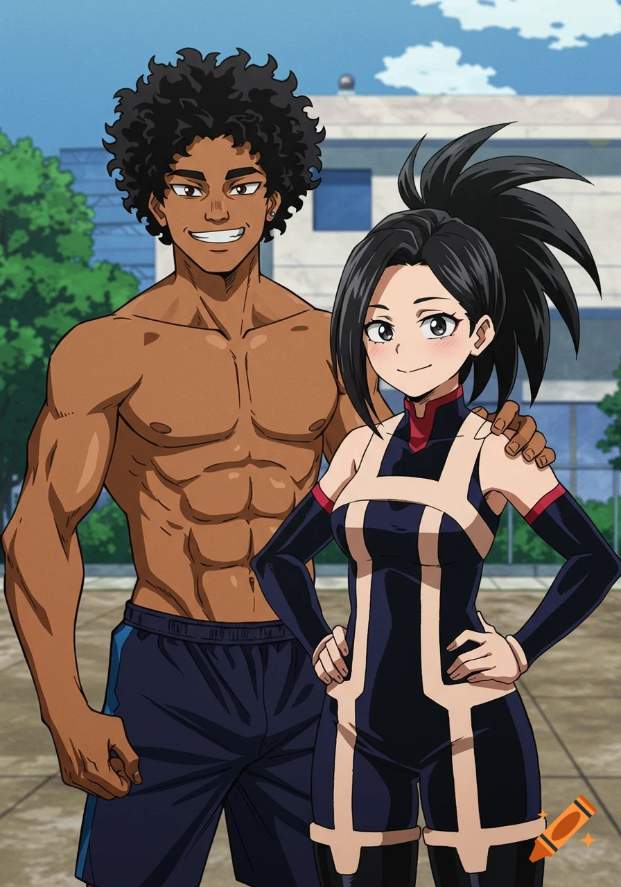 Two anime characters, a smiling muscular man with afro hair and a smiling woman in a black and tan hero costume, stand together.