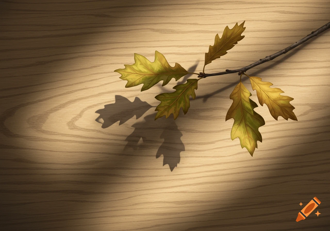 Oak leaves on a wooden surface with dappled light and shadows.