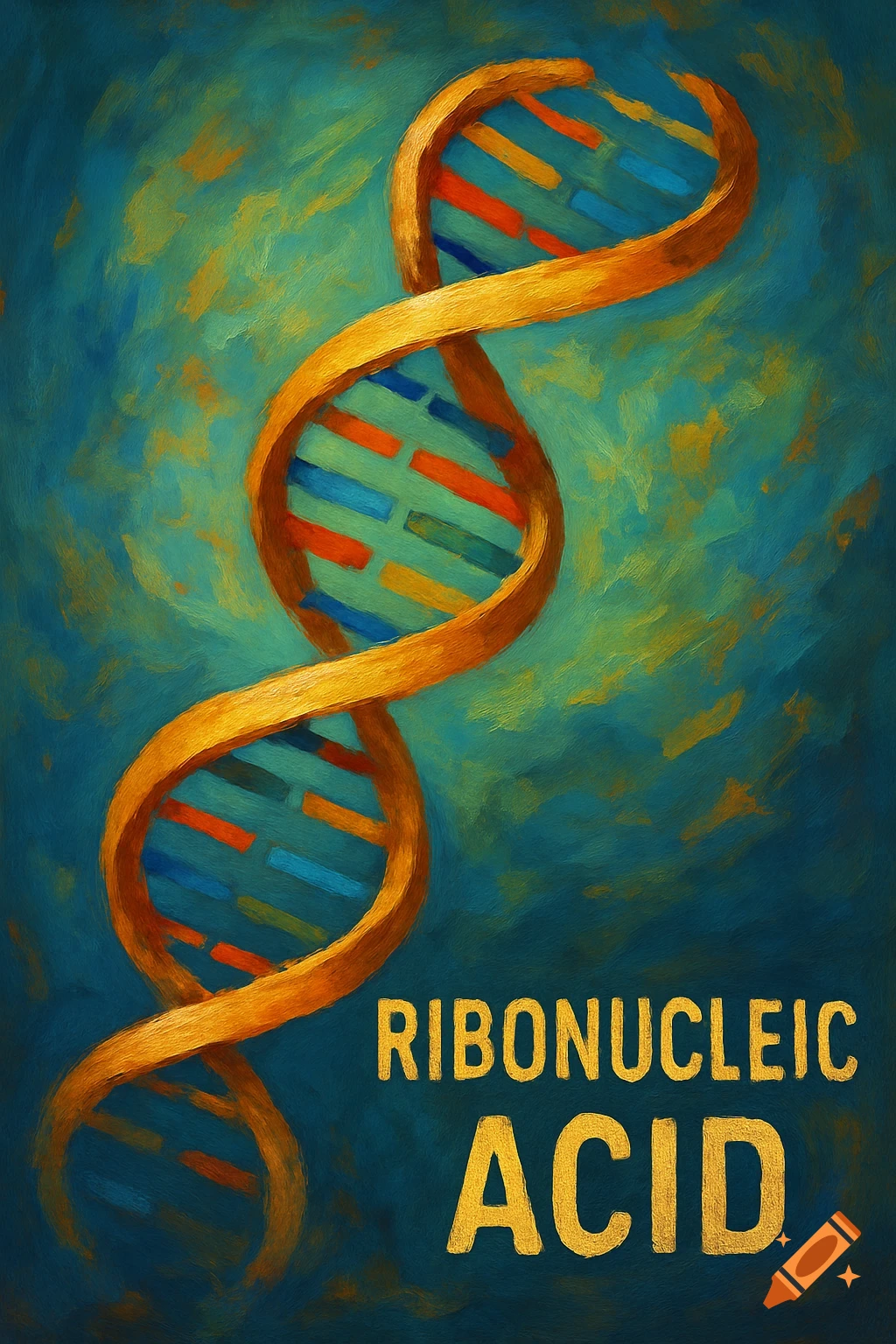 Painting of a ribonucleic acid (RNA) strand with textured brushstrokes. Text reads 'RIBONUCLEIC ACID'.