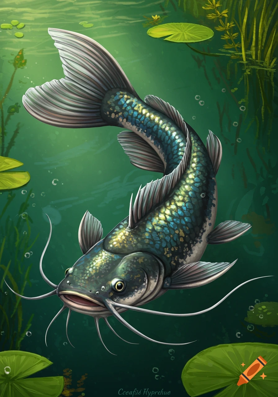 Illustration of a catfish or carp swimming underwater with lily pads.
