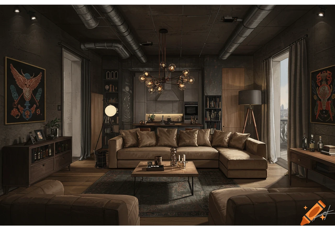 Industrial style penthouse apartment living area and kitchen illustration.