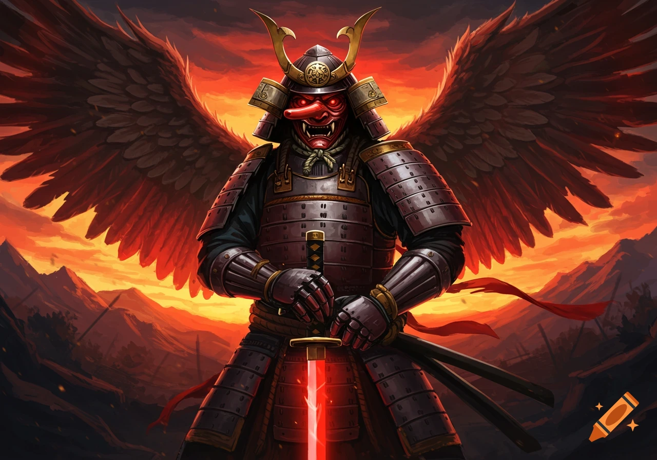 A winged tengu samurai in armor holds a glowing red sword against a fiery sky.