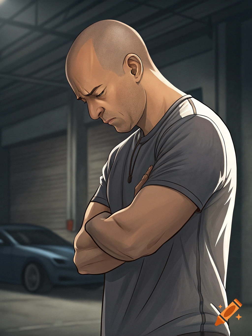 Stylized illustration of a bald man with crossed arms, looking down, standing in a garage with a car in the background.