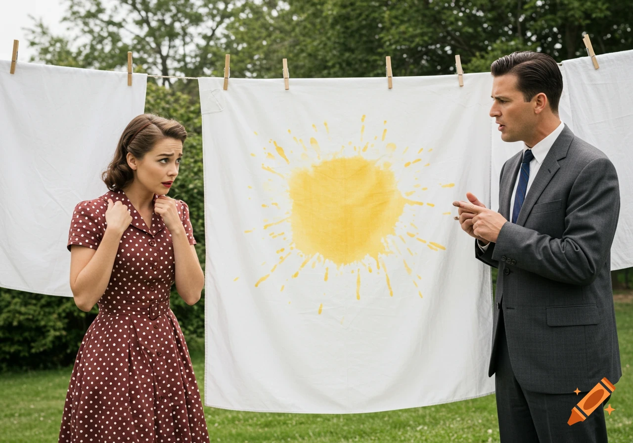 A man and woman in 1950s clothing stand in front of a clothesline with a large yellow stain on a white sheet.