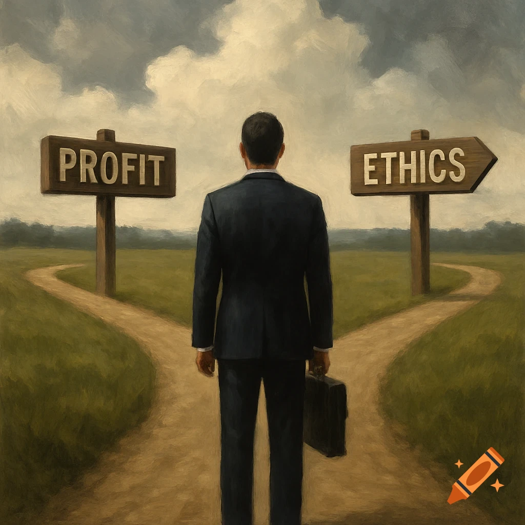 A businessperson stands at a fork in a path labeled 'Profit' and 'Ethics' under a cloudy sky, painting style.