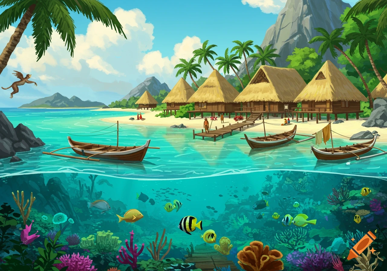 Stylized tropical island scene with overwater bungalows, boats, palm trees, mountains, and vibrant underwater life.