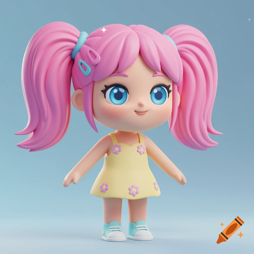 3D character design of a cute girl with pink pigtails and a yellow dress.