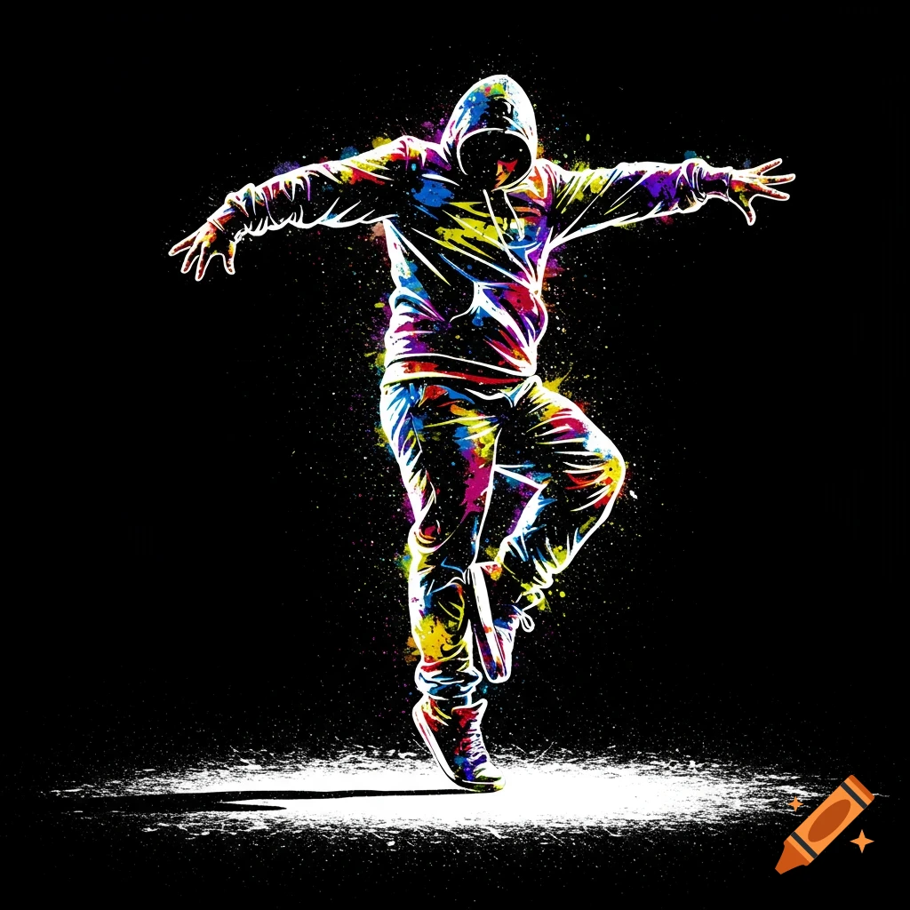A dancer in a dynamic pose, rendered in a vibrant, colorful splash paint style against a black background.