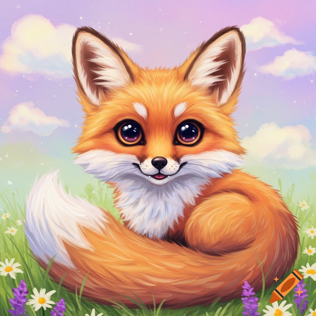 A cute cartoon fox with big eyes sits in a field of flowers under a pastel sky.