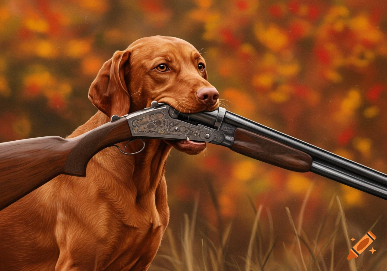 A Vizsla dog holds a shotgun in its mouth in an autumn scene, painted style.