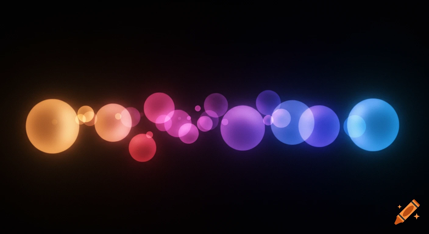 Colorful glowing bokeh lights fading from orange to blue on black.