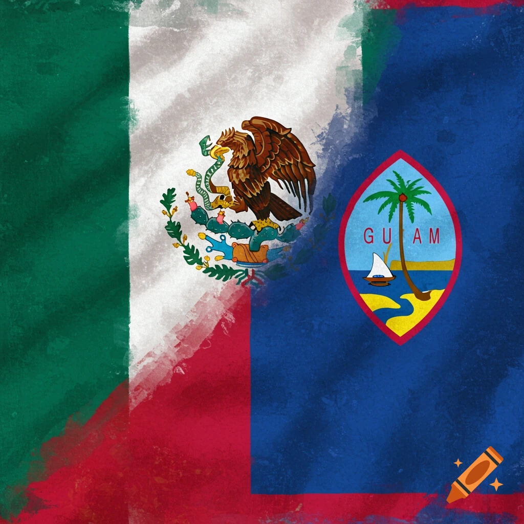 A combined image of the Mexican flag and the Guam flag with a textured paint style.