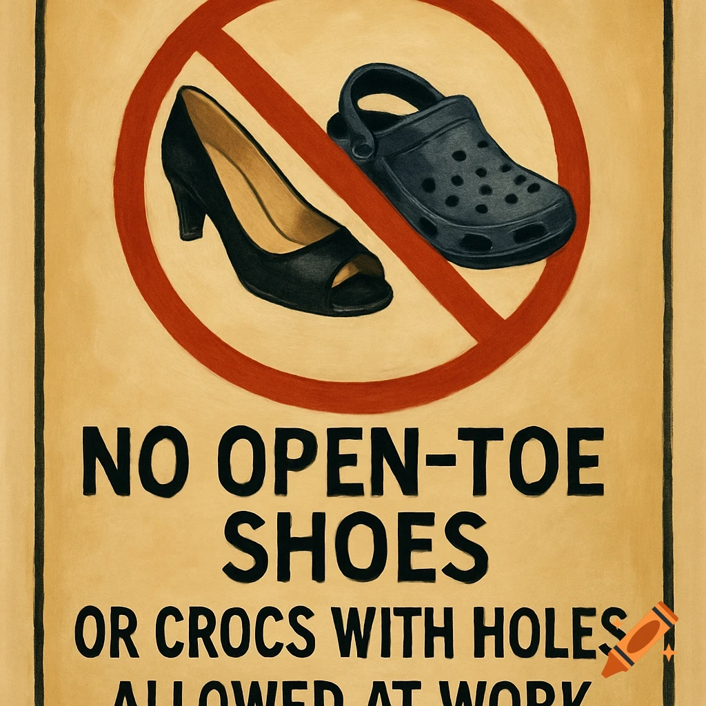 A safety sign prohibiting open-toe shoes and crocs with holes at work, featuring illustrations of a high heel and a crocs shoe.