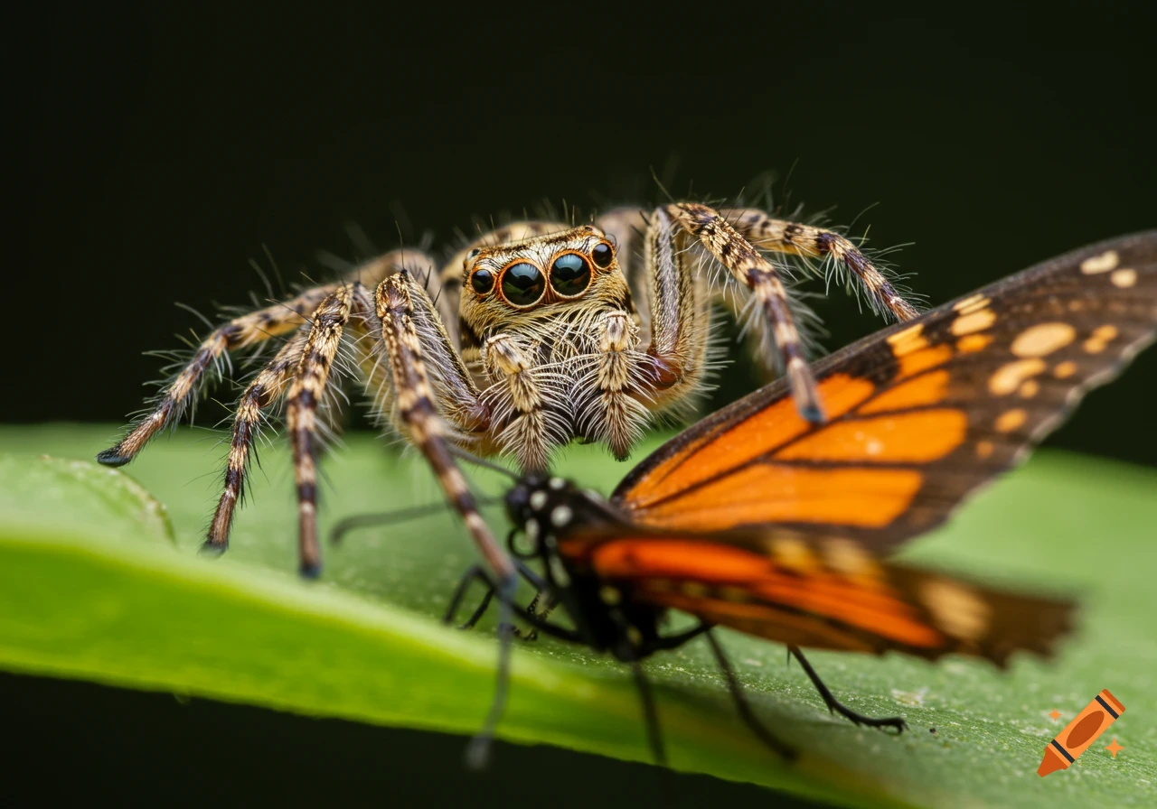 Close-up photo of a jumping spider next to an orange butterfly wing on a green leaf.