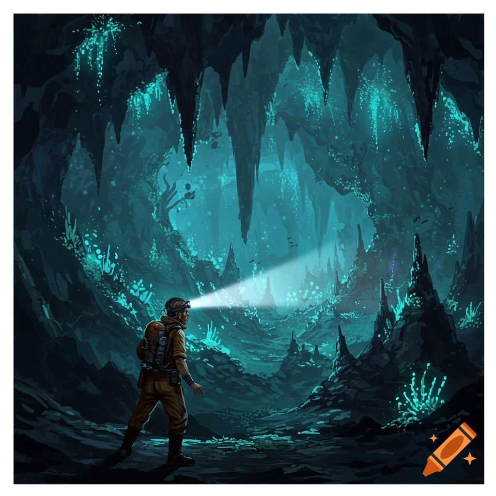 A person with a headlamp explores a dark cave filled with glowing blue formations.