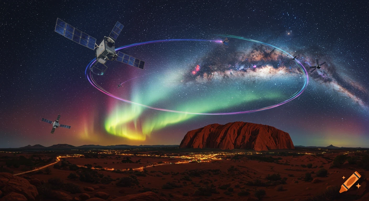Satellites orbiting above Uluru and a city under a night sky with aurora and Milky Way