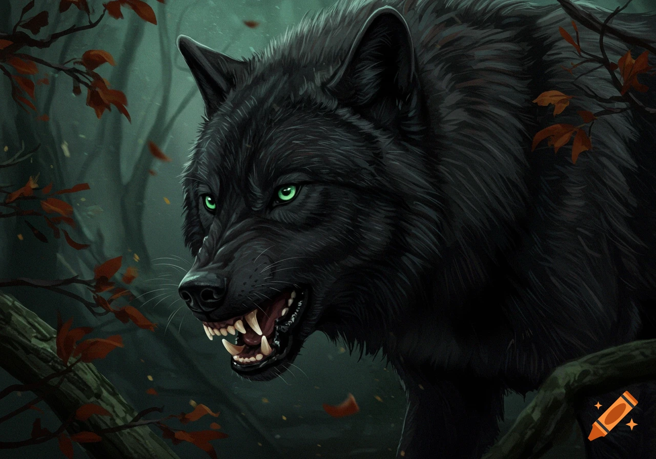 Digital painting of a growling black wolf in a dark forest with green eyes and autumn leaves.