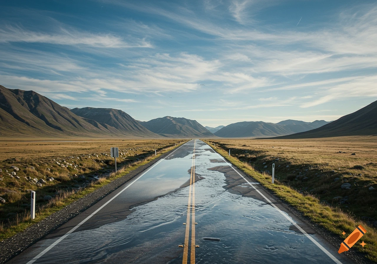 Straight road covered in water stretching through a valley with mountains under a cloudy sky