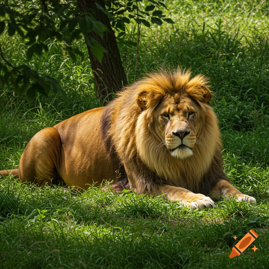 A male lion lies in tall grass under a tree