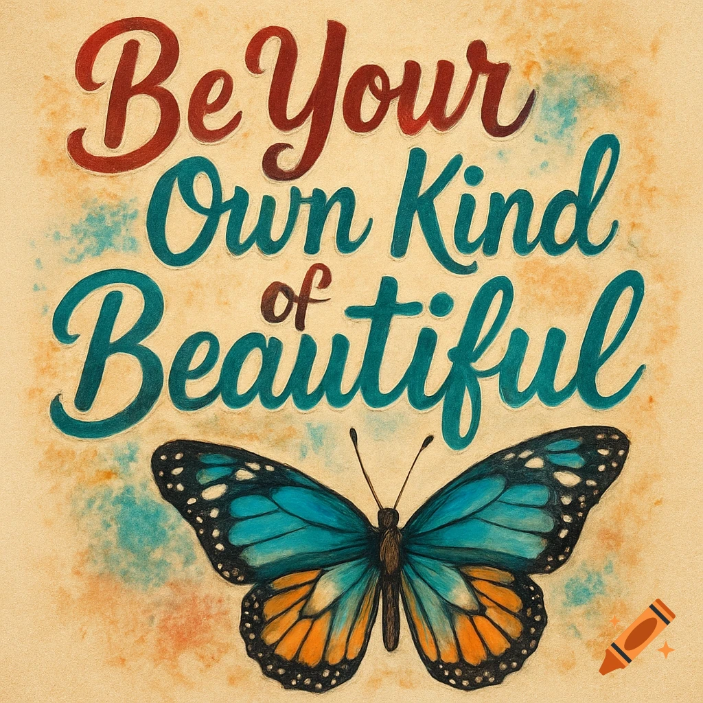 Hand-drawn text Be Your Own Kind of Beautiful above a blue and orange butterfly.