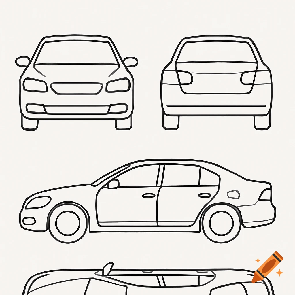 Line drawings of a car from front, back, and side views.