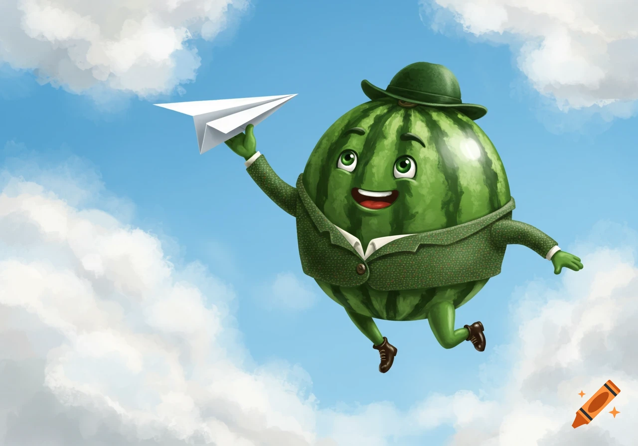 Cartoon watermelon in a suit and hat flying in the sky with a paper airplane.