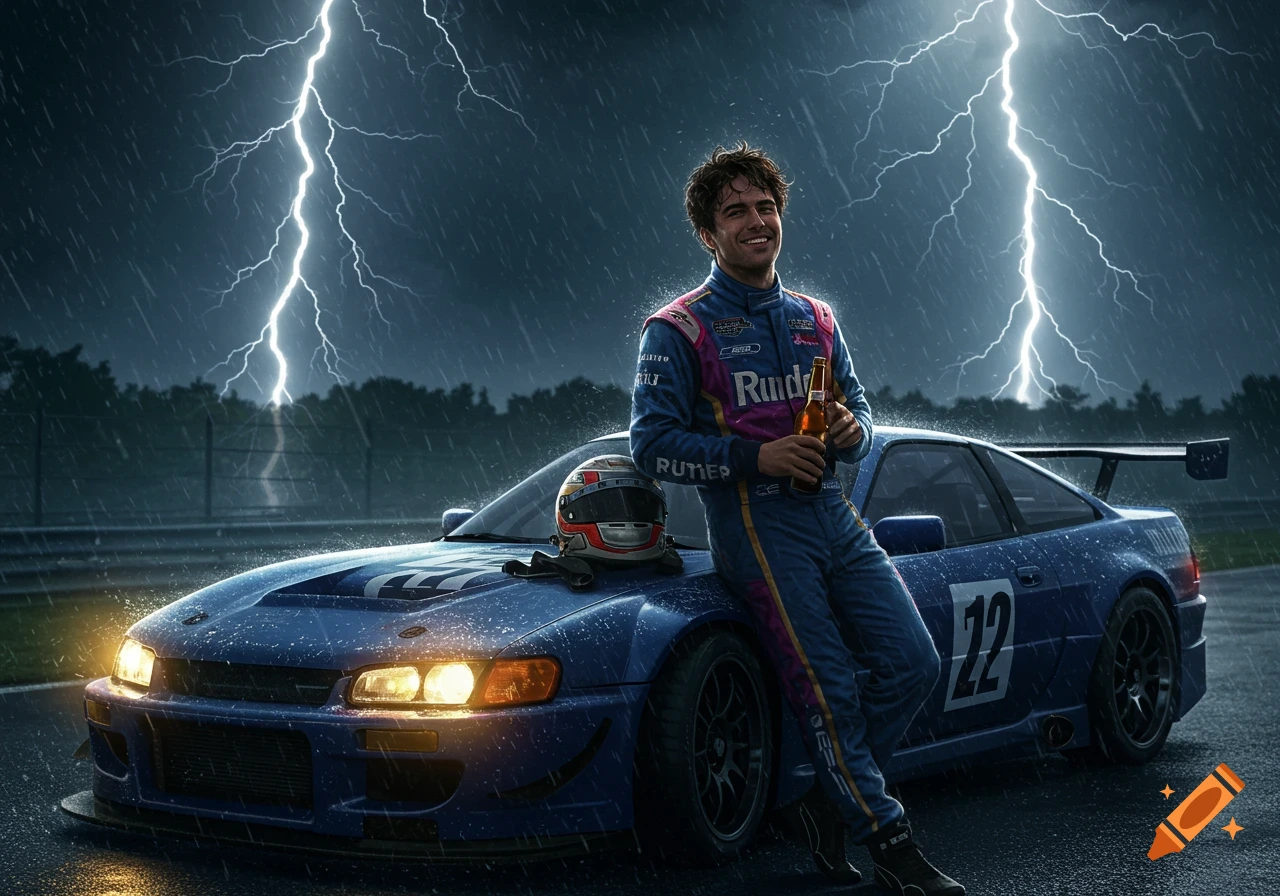 Race car driver holds a bottle leaning on a blue race car during a thunderstorm with lightning.
