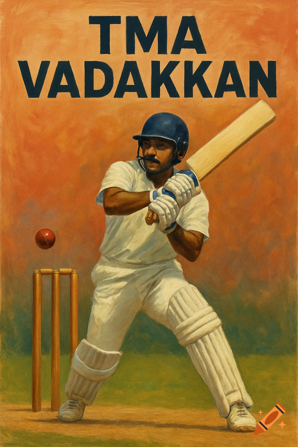 Painting of a cricket player batting with 'TMA VADAKKAN' text above.