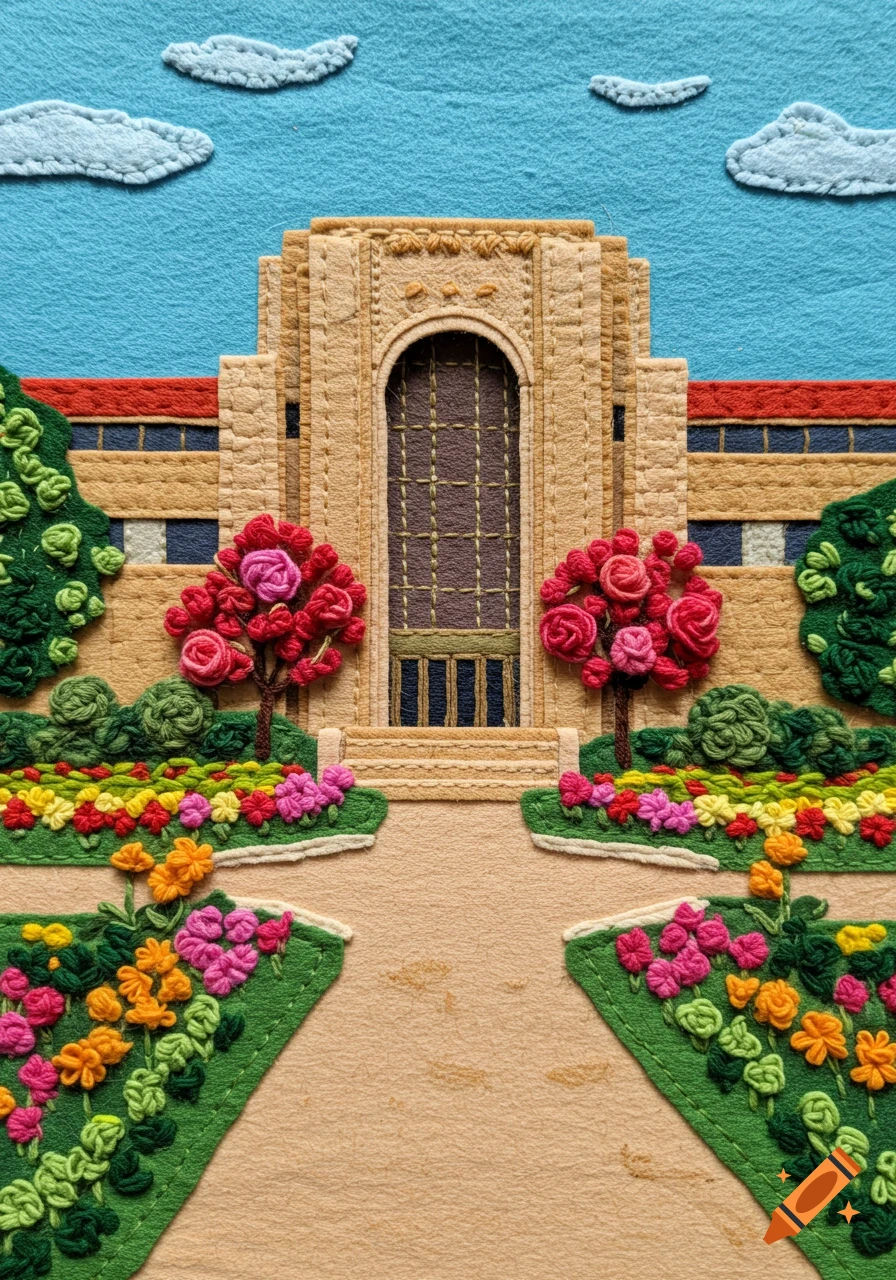 Felt art of a museum building with gardens.