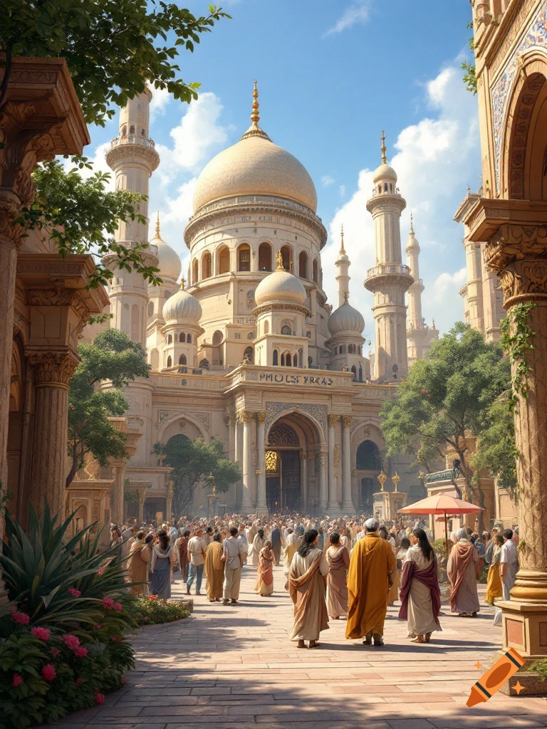 View of a grand domed building with minarets, in a city square filled with a large crowd of people in traditional clothing.
