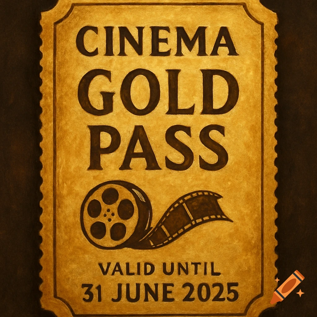 A golden cinema gold pass ticket with a film reel illustration and text.
