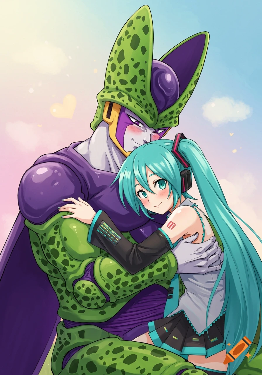 Perfect Cell and Hatsune Miku cuddling in an anime style with a heart bokeh background.