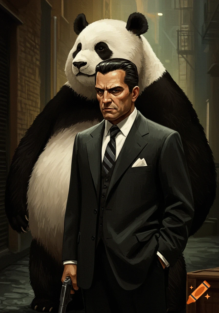 Illustration of a man in a suit with a gun and a giant panda behind him in an alley.