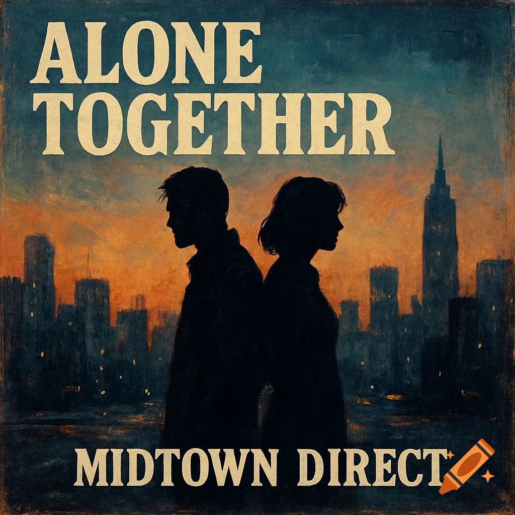 Vintage album cover art with two silhouetted figures back-to-back against a city skyline at sunset, text reads "Alone Together" and "Midtown Direct".