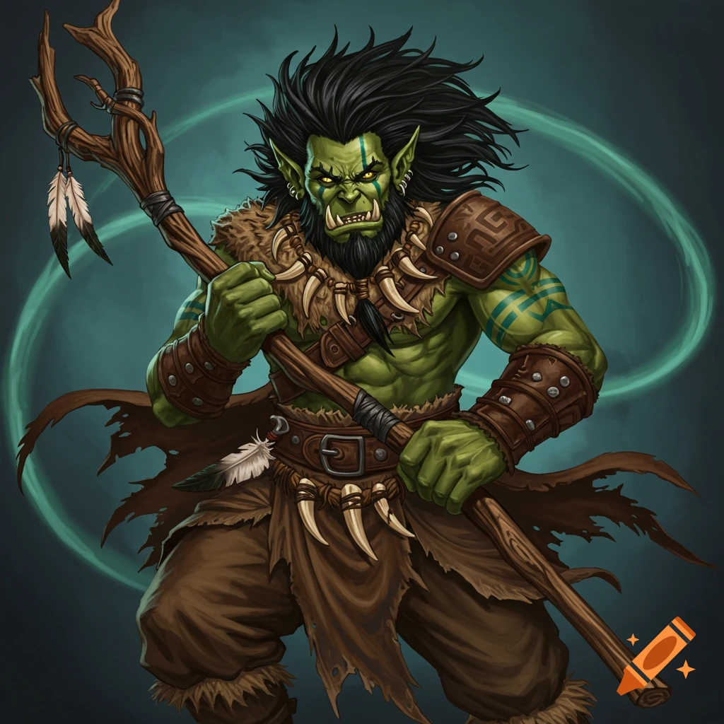 Green-skinned orc shaman with black hair, tribal clothing, holding a staff, digital painting